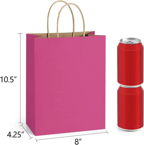 Miniatura 2 de BagDream 25 bolsas de regalo de color rosa intenso de 8 x 4.25 x 10.5 pulgadas, bolsas de regalo de papel kraft con asas para compras, pequeñas