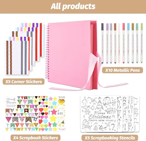 Miniatura 2 de GOTIDEAL Álbum de recortes de 12 x 12 pulgadas con 10 marcadores metálicos, 80 páginas de papel artesanal para bodas y aniversarios, álbum de fotos