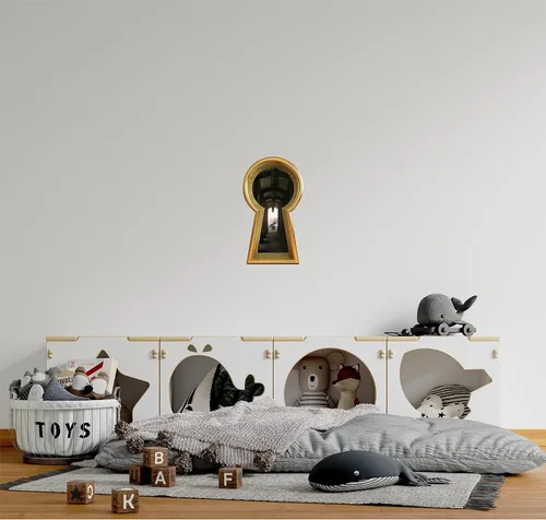 Miniatura 2 de Calcomanía de pared con diseño de ojo de cerradura dorada, conejo blanco, corriendo tarde, país de las maravillas, mundo de fantasía encantado