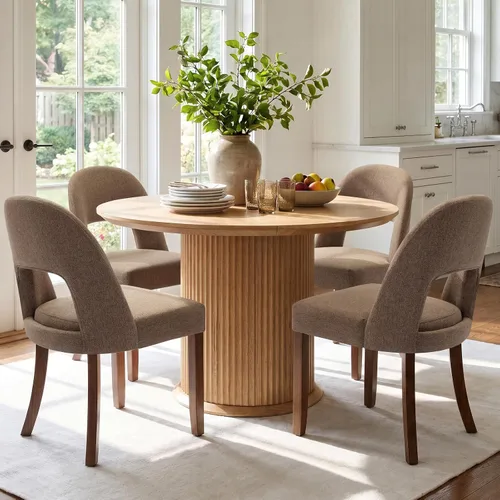 Miniatura 35 de Juego de 2 sillas de comedor de madera, modernas sillas de comedor tapizadas para cocina con tela de lino y respaldo abierto, patas de madera