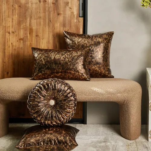 Miniatura 5 de EUCIOR Almohada decorativa redonda, almohada circular hecha a mano, almohadas redondas de cuero metálico liso para sofá, decoración del hogar