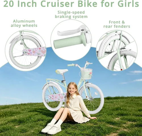 Miniatura 4 de Bicicleta de 20 pulgadas para niñas con canasta, bicicleta para niños de 7 a 12 años, bicicleta de crucero de playa verde y rosa para niñas, frenos