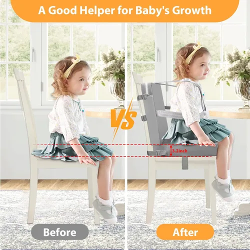 Miniatura 2 de Asiento elevador para mesa de comedor para niños pequeños, hebilla de 5 puntos, asiento elevador para mesa con respaldo, PU impermeable, fácil Gris