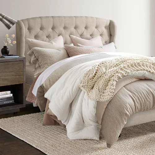 Miniatura 11 de Rosevera Josie Wingback - Base de cama con cabecera capitoné de altura ajustable, marco de cama tapizado de tela, soporte de listones de madera
