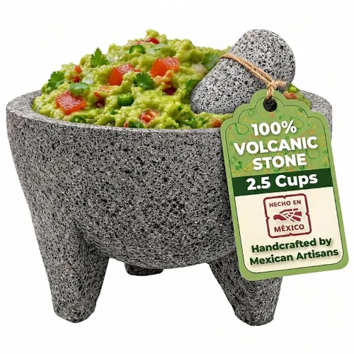 Molcajete de 6 pulgadas mexicano, hecho a mano con piedra volcánica natural, utensilio de cocina artesanal para moler con poros para triturar,