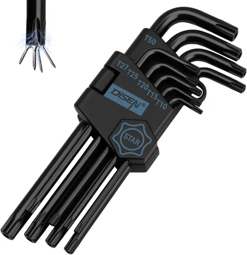 DISEN Juego de llaves Torx Star Allen de 9 piezas, juego de llaves de estrella de brazo largo T10-T50, acero al cromo vanadio