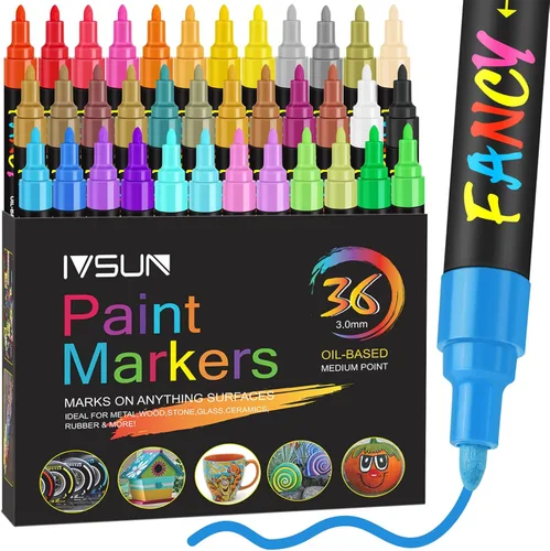 IVSUN - Juego de rotuladores de pintura, 36 colores a base de aceite, juego de rotuladores de arte impermeables, nunca se decoloran, secan rápido y