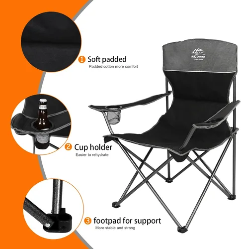 Miniatura 5 de Juego de 4 sillas de campamento de gran tamaño con mesa, silla de césped plegable para exteriores, soporte para tazas, portátil, silla de sofá Negro
