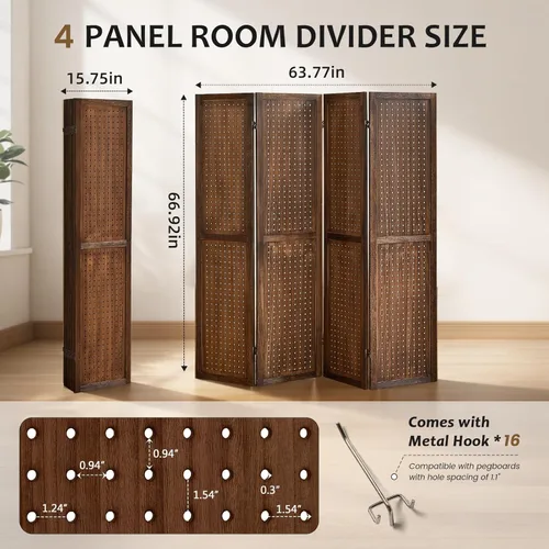 Miniatura 3 de Divisor de habitación de tablero de clavijas de 4 paneles, pantalla de privacidad plegable de 5.6 pies, organizador de madera independiente