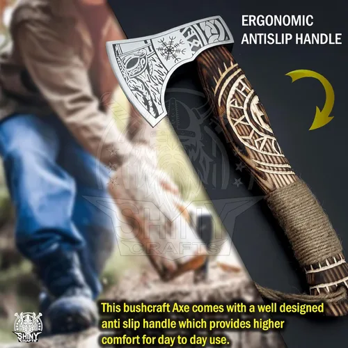 Miniatura 4 de SHINY CRAFTS® Hacha vikinga hecha a mano, hoja nórdica grabada con mango de madera, hacha nórdica barbuda para hombres, regalo único para él, VBA-14