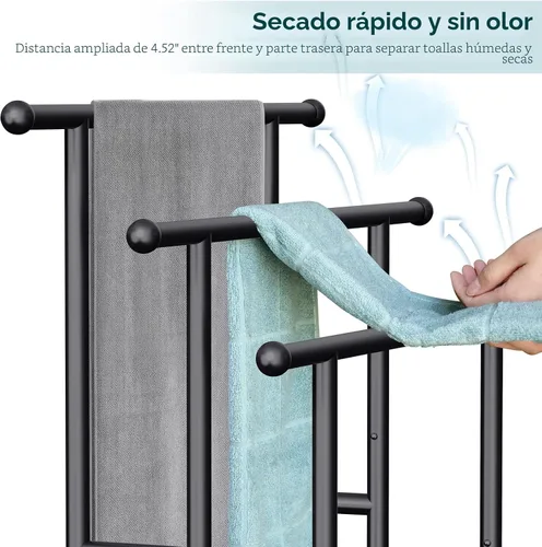 Miniatura 5 de Kayfia Toallero Independiente de 40 Pulgadas de Alto, Soporte de Acero Aleado de 3 Niveles con Canasta, Estante de Secado y Exhibición de Mantas