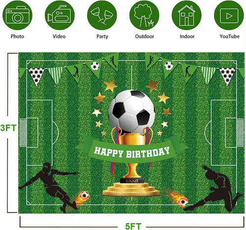 Miniatura 2 de Cartel de fondo de feliz cumpleaños de fútbol de 5 x 3 pies, decoraciones de fiesta temática deportiva para niños y niños, suministros de fiesta