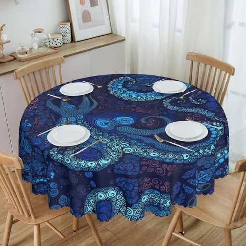 Miniatura 2 de Manteles redondos con estampado de pulpo azul de 60 pulgadas, impermeables, lavables, decoración de cocina, para mesa de comedor, cocina, mesa