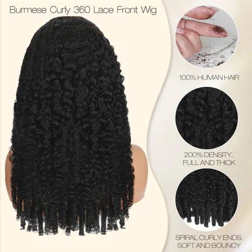 Miniatura 4 de Peluca de cabello humano rizado birmano con extremo en espiral 200% de densidad 360 Encaje frontal completo de alta definición Pelucas de cabello