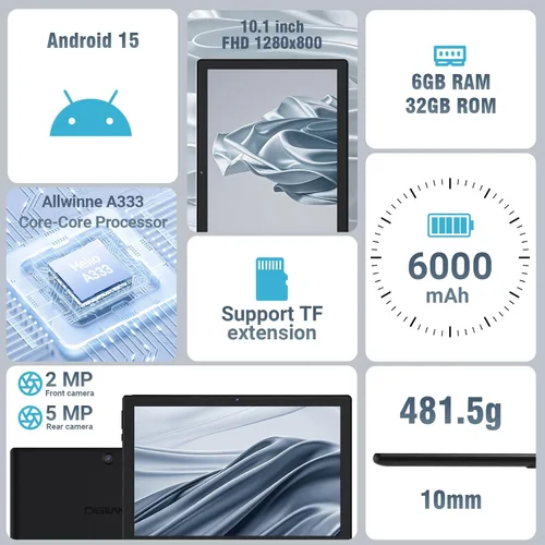 Miniatura 2 de DigiLand Tablet Android 15, Tablet Android de 10.1" con procesador Octa-core 6GB RAM+32GB ROM (Soporte Expand TF) Cámara frontal de 2MP/posterior