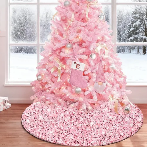 Miniatura 8 de yuboo Falda de árbol de Navidad de lentejuelas rosas de 48 pulgadas, falda de árbol de Navidad con purpurina rosa rubor para una amplia gama