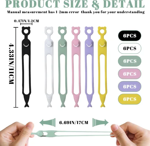 Miniatura 7 de Organizador de cables, 36 bridas de silicona reutilizables, resistentes a la intemperie, organizador de cables de viaje de alta elasticidad