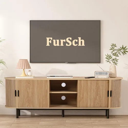 FurSch Soporte de TV con puerta de tambor de 62 pulgadas, mueble de TV moderno de madera de mediados de siglo para TV de hasta 75 pulgadas, soporte