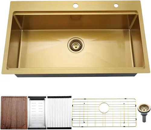 Miniatura 13 de Fregadero de cocina de 33 x 19 pulgadas, estación de trabajo de montaje superior, de acero inoxidable calibre 16, fregadero de cocina de un solo