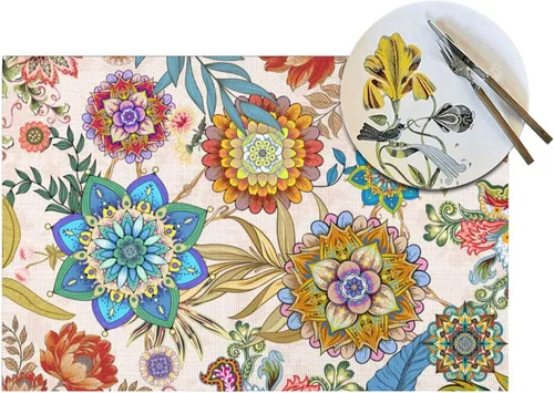 Miniatura 5 de Juego de 4 manteles individuales florales bohemios de lino de 12 x 18 pulgadas, manteles individuales de flores coloridas para cocina, mesa