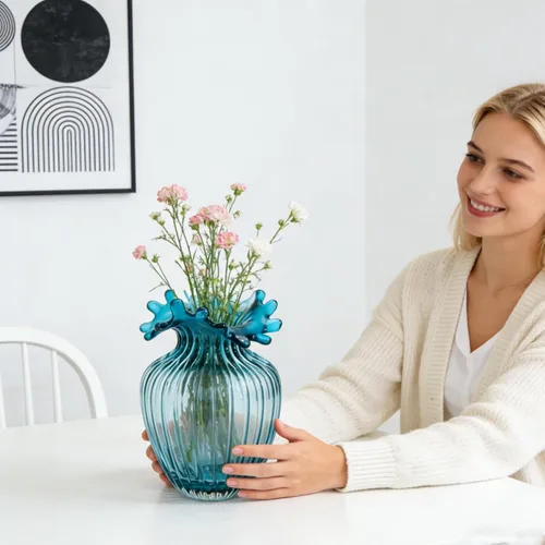 Miniatura 4 de ZAVOOS Jarrón de vidrio soplado a mano, jarrón azul decorativo de arte moderno para plantas de flores, jarrón único de burbujas para decoración