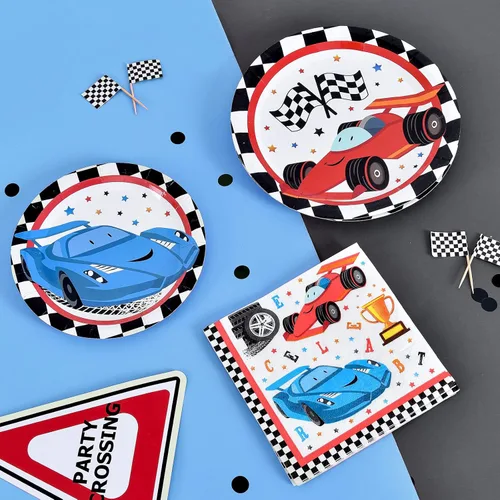 Miniatura 3 de WERNNSAI Suministros para fiestas de autos de carreras, 48 piezas, platos de fiesta de carreras, servilletas, juego de vajilla desechable