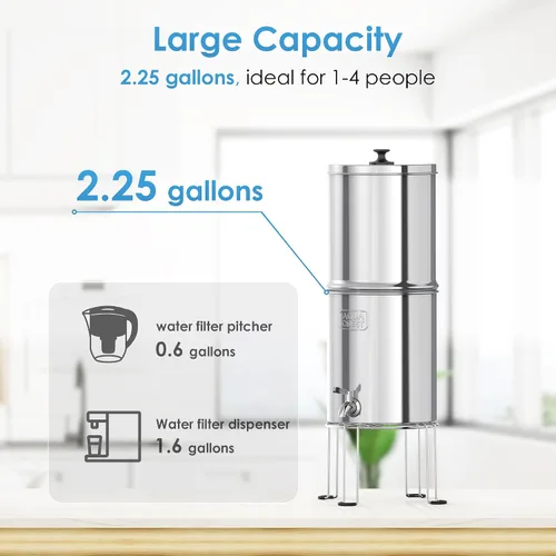 Miniatura 8 de Sistema de filtro de agua por gravedad AQUA CREST, sistema de mostrador de acero inoxidable 304 con 4 filtros y soporte antideslizante, reduce