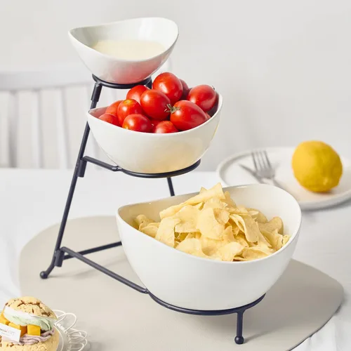 Miniatura 5 de Gomakren Juego de 3 platos decorativos de porcelana para servir platos especiales curvados profundos y grandes de Navidad, platos de regalo, juego