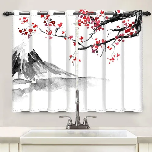 Miniatura 191 de Cortinas japonesas con pintura de tinta, monte Fuji, sol rojo, puesta de sol, hojas de bambú, cortinas de ventana para dormitorio, sala de estar
