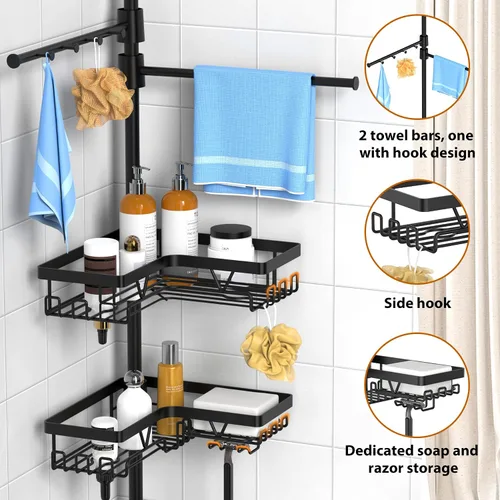 Miniatura 2 de KEGII Estante de Ducha Negro con Barra de Tensión y 2 Barras para Toallas, Organizador de Esquina Ajustable para Baño, Estantes de Almacenamiento