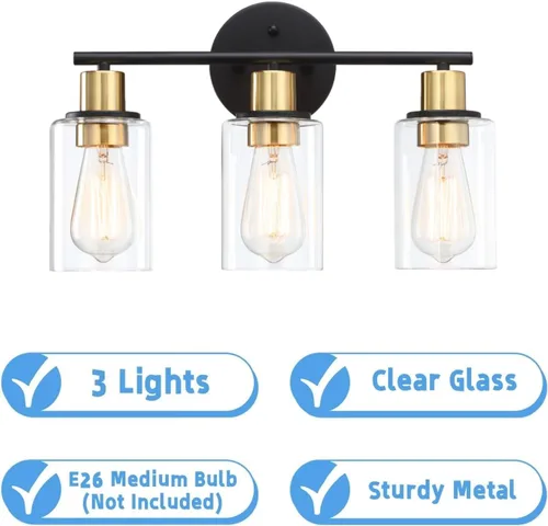 Miniatura 2 de Lámpara de tocador de 3 luces negra y dorada sobre el espejo, lámparas de pared de baño con pantalla de vidrio transparente que incluye base mediana