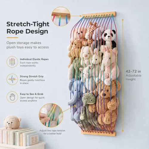 Miniatura 7 de Organizador de juguetes de madera suave para almacenamiento de animales de peluche, bonito y duradero para pared o puerta, longitud ajustable