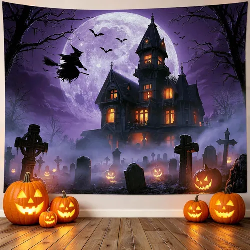 Miniatura 30 de EOBTAIN Scary Halloween Tapestry Gothic Black Crow Skull in Horror Graveyard Tapestry Wall Hanging Spooky Raven under Misty Full Moon Night Wall Art