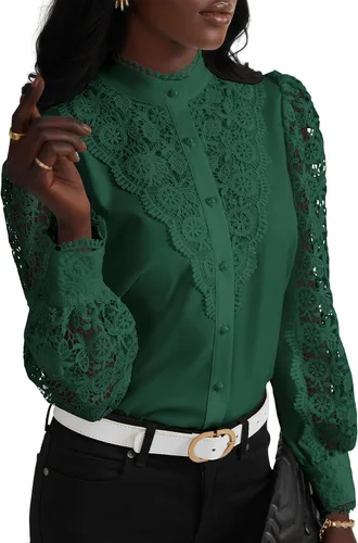 Miniatura 15 de Rooscier Blusa Elegante de Encaje de Crochet con Cuello Alto Simulado de Manga Larga con Botones para Mujer Top