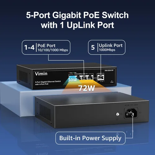 Miniatura 2 de Switch PoE Gigabit de 4 puertos con 1 puerto Gigabit de enlace ascendente, conmutador PoE Ethernet no administrado de 5 puertos VIMIN