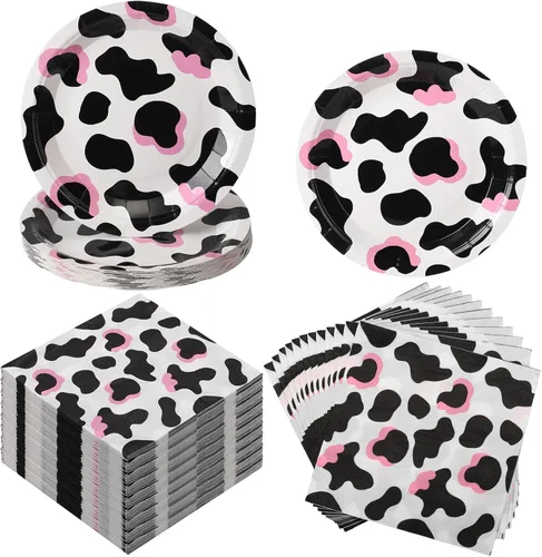 Yaomiao 50 piezas de suministros de fiesta de vaquera, platos con estampado de vaca y servilletas para niñas y niños, decoración de animales de