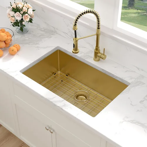 Miniatura 3 de Sarlai Gold Fregadero de Cocina Empotrado - Fregadero de Cocina de 28 Pulgadas Empotrado de Acero Inoxidable Dorado Tazón Individual de 28" x 19