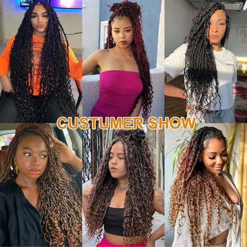 Miniatura 6 de COOKOO 14 pulgadas, 8 piezas de cabello de ganchillo Goddess Locs en total 112 hebras de pelo sintético negro natural de ganchillo de río hippie
