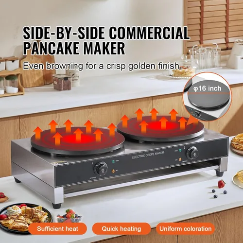 Miniatura 2 de HappyBuy Máquina eléctrica de crepé - Cabezal doble de 16 pulgadas, 3400 W, acero inoxidable antiadherente, escritorio, control de temperatura