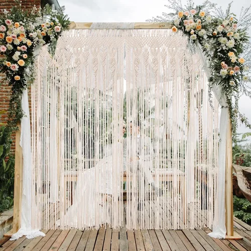 Miniatura 3 de Foreate Cortinas de macramé largas de algodón para colgar en la pared, cortina bohemia con cuentas para ventana, puerta, telón de fondo de boda