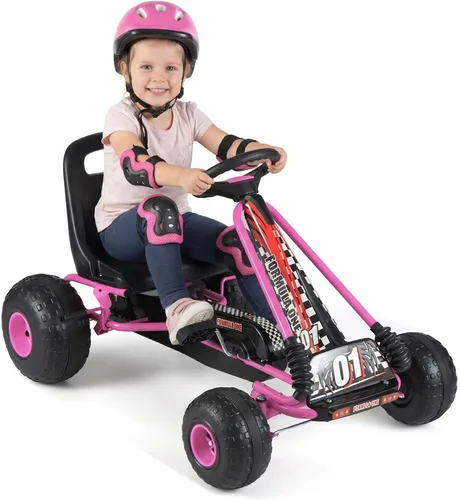Miniatura 15 de HONEY JOY Go Kart para niños, 4 ruedas con pedal todoterreno cuádruple a pie con volantes y asiento ajustable, 2 frenos de seguridad, neumáticos Rojo