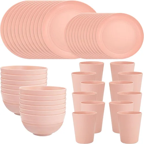 Miniatura 11 de LIYH - Juego de vajilla de paja de trigo de plástico beige de 48 piezas - Juegos de platos y tazones reutilizables, platos irrompibles, tazón, taza
