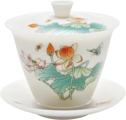 Juego de porcelana blanca de jade hielo Gaiwan, delgado/sin esmaltar/translúcido/calcomanía China Gongfu Tea Cup Set -QinLian