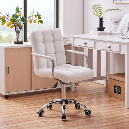 Miniatura 2 de Yaheetech - Sillas de escritorio blancas con ruedas/reposabrazos, silla de oficina moderna de piel sintética, respaldo medio ajustable, silla Blanco