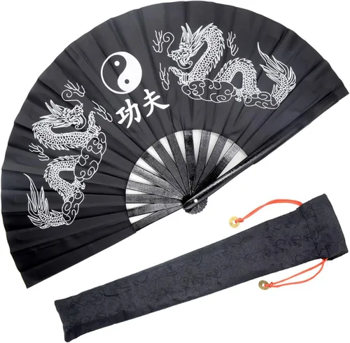 OMyTea Ventilador de mano plegable grande de bambú para hombres y mujeres, ventilador de mano chino japonés de Kung Fu Tai Chi con funda de tela,