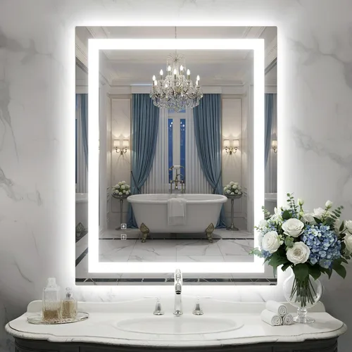 Miniatura 39 de Espejo de baño LED de 24 x 32 pulgadas con luces, espejo de tocador de baño con marco negro con luz frontal + retroiluminación para pared, vidrio