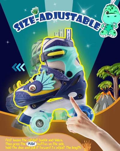 Miniatura 3 de Dino - Patines de ruedas para niños y niñas, WESKIFAN Dinosaur Quad Skating Shoes con ruedas brillantes y tamaños ajustables para principiantes