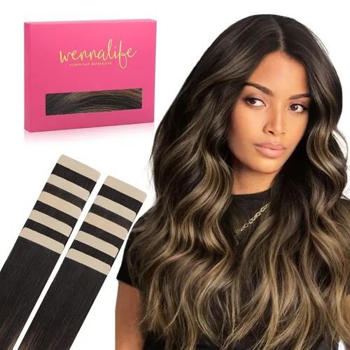 Wennalife - Extensiones de cabello humano real adhesivas, balayage marrón oscuro mezclado con castaño, 10 piezas, 0.70 oz (20 g), 10 pulgadas,