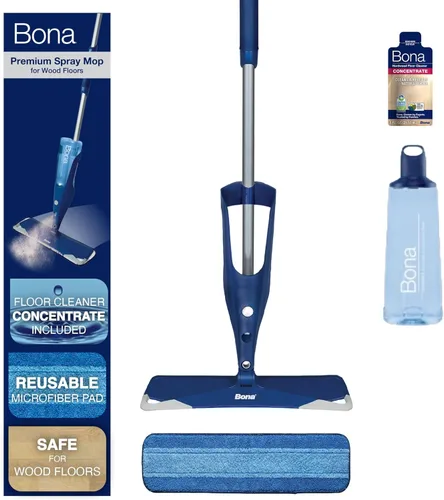 Bona - Mopa con aerosol de alta gama para pisos de madera dura; incluye concentrado de limpieza para pisos de madera y paño de limpieza de