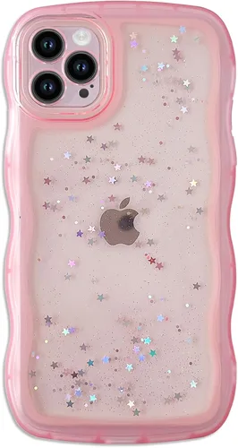 Miniatura 98 de Qokey Funda para iPhone 12 Pro Max de 6.7 pulgadas, diseño de onda rizada, borde transparente, brillante con purpurina, estrella brillante, bonita